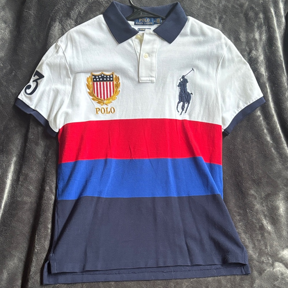 Polo by Ralph Lauren Men's White, Red, and Blue Polo Shirt